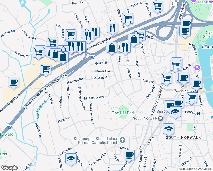 map of restaurants, bars, coffee shops, grocery stores, and more near 16 Avenue B in Norwalk