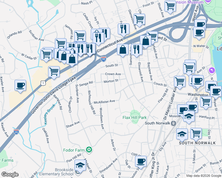 map of restaurants, bars, coffee shops, grocery stores, and more near 16 Avenue B in Norwalk