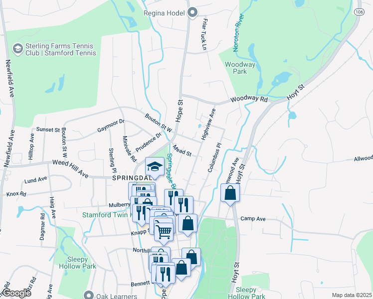 map of restaurants, bars, coffee shops, grocery stores, and more near 10 Mead Street in Stamford