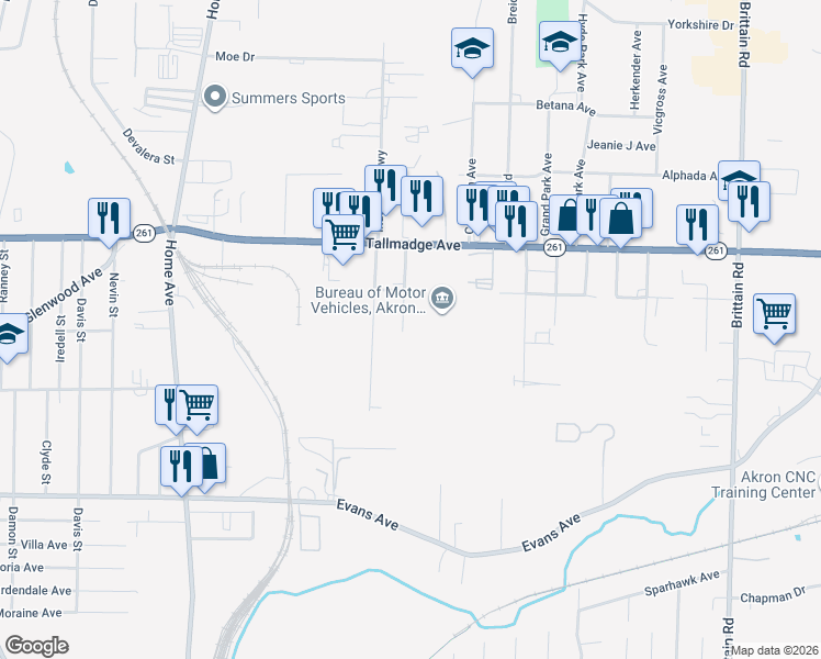 map of restaurants, bars, coffee shops, grocery stores, and more near 1030 East Tallmadge Avenue in Akron