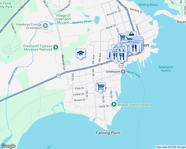 map of restaurants, bars, coffee shops, grocery stores, and more near 531 Wiggins Street in Greenport