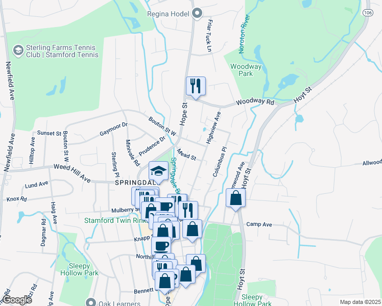 map of restaurants, bars, coffee shops, grocery stores, and more near 10 Mead Street in Stamford