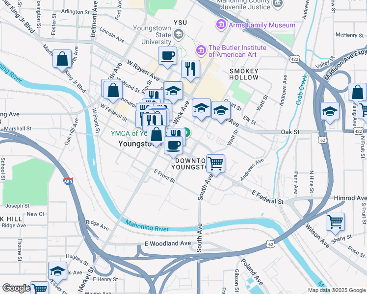 map of restaurants, bars, coffee shops, grocery stores, and more near 100 East Federal Street in Youngstown