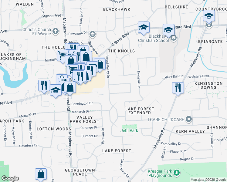 map of restaurants, bars, coffee shops, grocery stores, and more near 6908 Forest View Dr in Fort Wayne