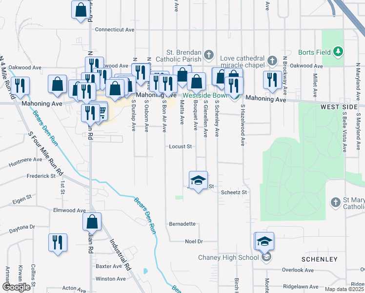 map of restaurants, bars, coffee shops, grocery stores, and more near 3001 Locust Street in Youngstown