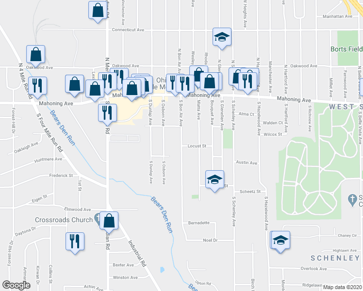 map of restaurants, bars, coffee shops, grocery stores, and more near 132 South Bon Air Avenue in Youngstown