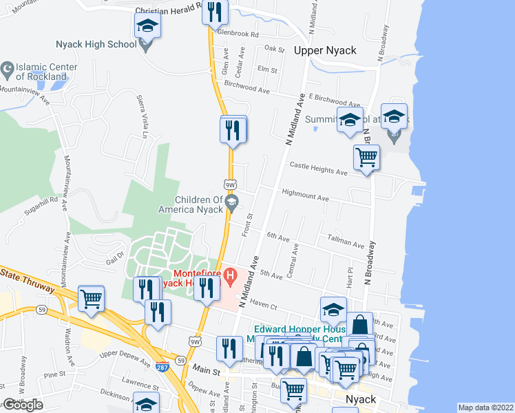 map of restaurants, bars, coffee shops, grocery stores, and more near 91 Front Street in Nyack