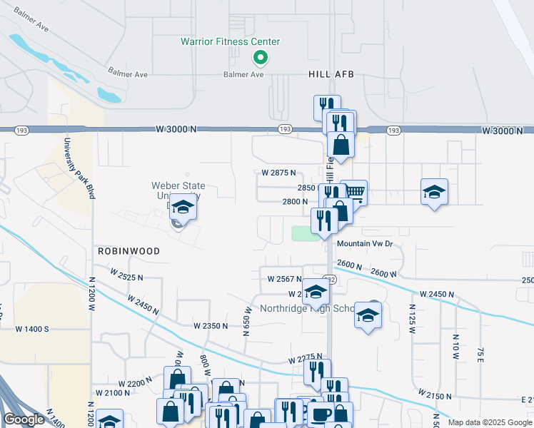 map of restaurants, bars, coffee shops, grocery stores, and more near 23 2800 North in Layton