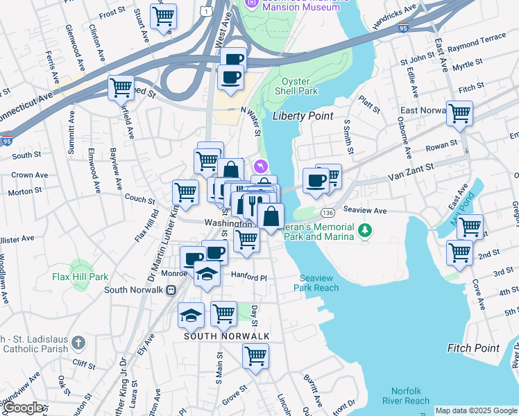 map of restaurants, bars, coffee shops, grocery stores, and more near 40 North Water Street in Norwalk