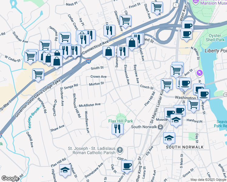 map of restaurants, bars, coffee shops, grocery stores, and more near 15 Avenue A in Norwalk