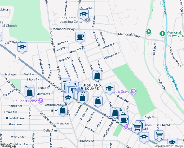 map of restaurants, bars, coffee shops, grocery stores, and more near 283 Merriman Road in Akron