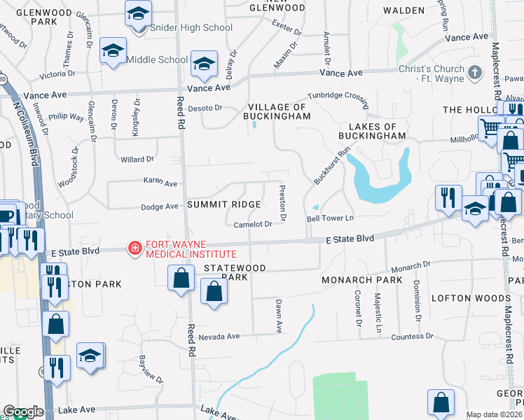 map of restaurants, bars, coffee shops, grocery stores, and more near 2429 Berkley Avenue in Fort Wayne