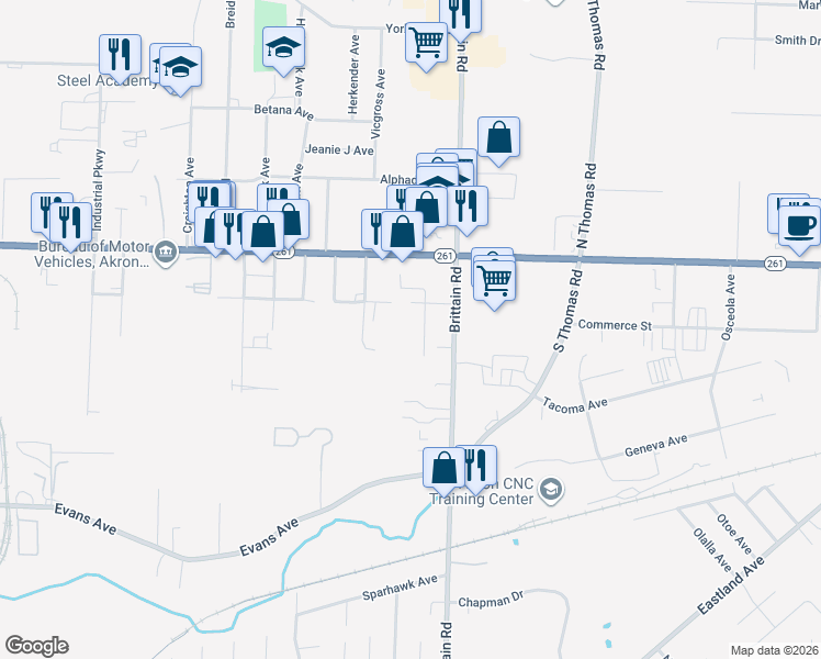 map of restaurants, bars, coffee shops, grocery stores, and more near 1320 Bluestone Avenue in Akron