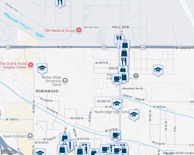map of restaurants, bars, coffee shops, grocery stores, and more near 23 2800 North in Layton