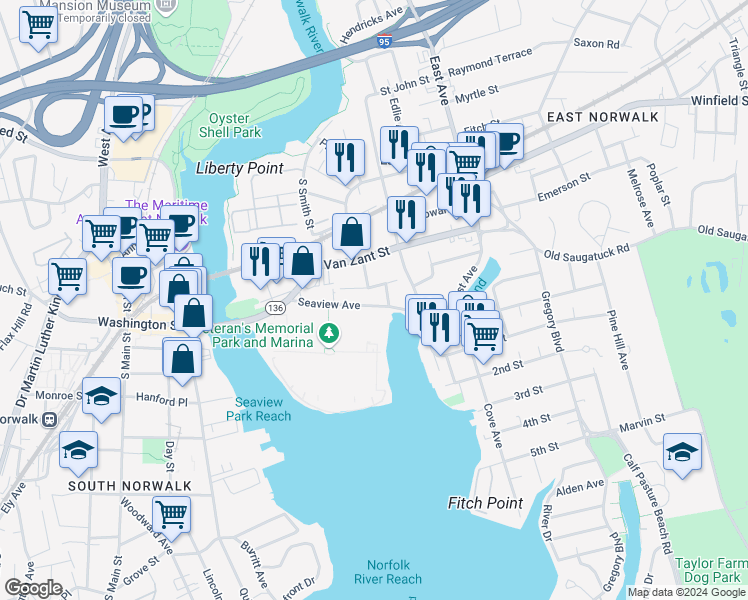 map of restaurants, bars, coffee shops, grocery stores, and more near 43 Seaview Avenue in Norwalk