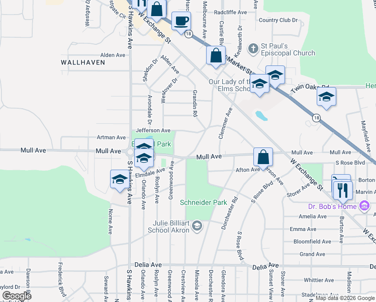 map of restaurants, bars, coffee shops, grocery stores, and more near 226 Elmdale Avenue in Akron