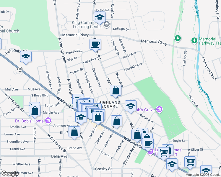 map of restaurants, bars, coffee shops, grocery stores, and more near 276 Merriman Road in Akron