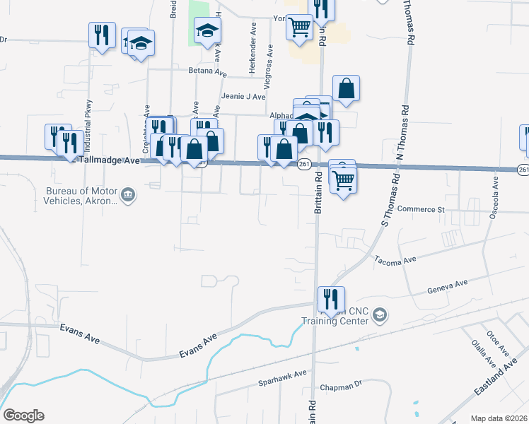 map of restaurants, bars, coffee shops, grocery stores, and more near 1325 Blackstone Ave in Akron