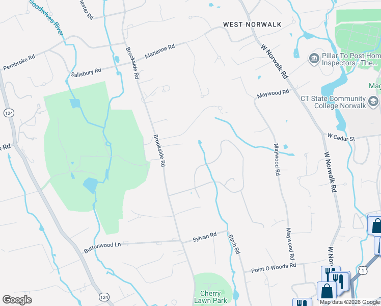 map of restaurants, bars, coffee shops, grocery stores, and more near 222 Brookside Road in Darien