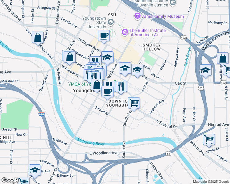 map of restaurants, bars, coffee shops, grocery stores, and more near Federal Plaza East in Youngstown