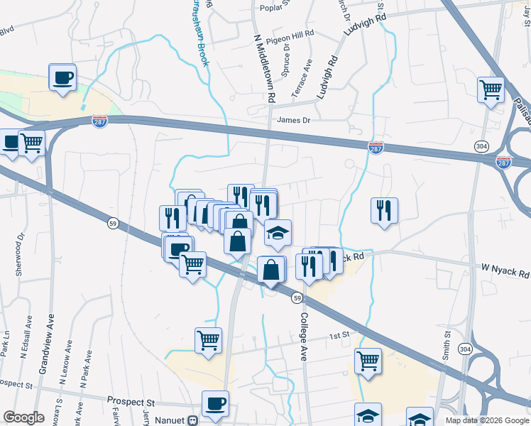 map of restaurants, bars, coffee shops, grocery stores, and more near 40 North Middletown Road in Nanuet