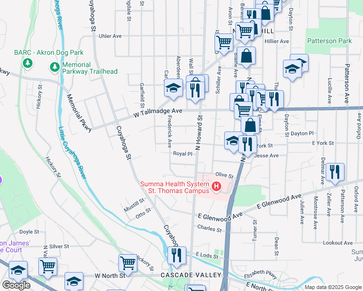 map of restaurants, bars, coffee shops, grocery stores, and more near 40 West York Street in Akron