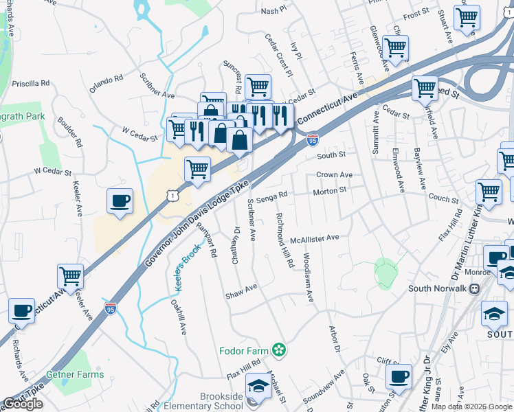 map of restaurants, bars, coffee shops, grocery stores, and more near 6 Senga Road in Norwalk