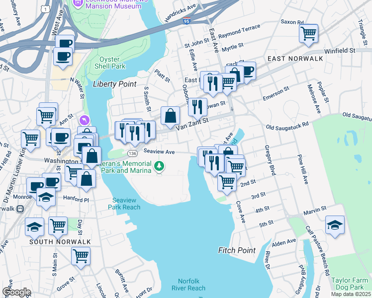 map of restaurants, bars, coffee shops, grocery stores, and more near 45 Seaview Avenue in Norwalk