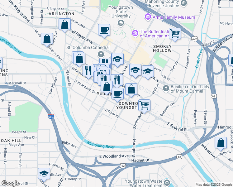 map of restaurants, bars, coffee shops, grocery stores, and more near 44 Federal Plaza East in Youngstown