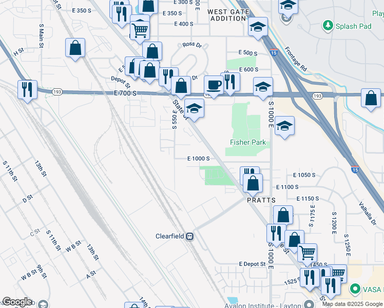 map of restaurants, bars, coffee shops, grocery stores, and more near 660 East 950 South in Clearfield