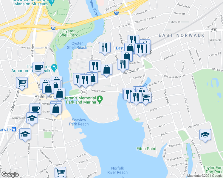 map of restaurants, bars, coffee shops, grocery stores, and more near 20 Betts Place in Norwalk