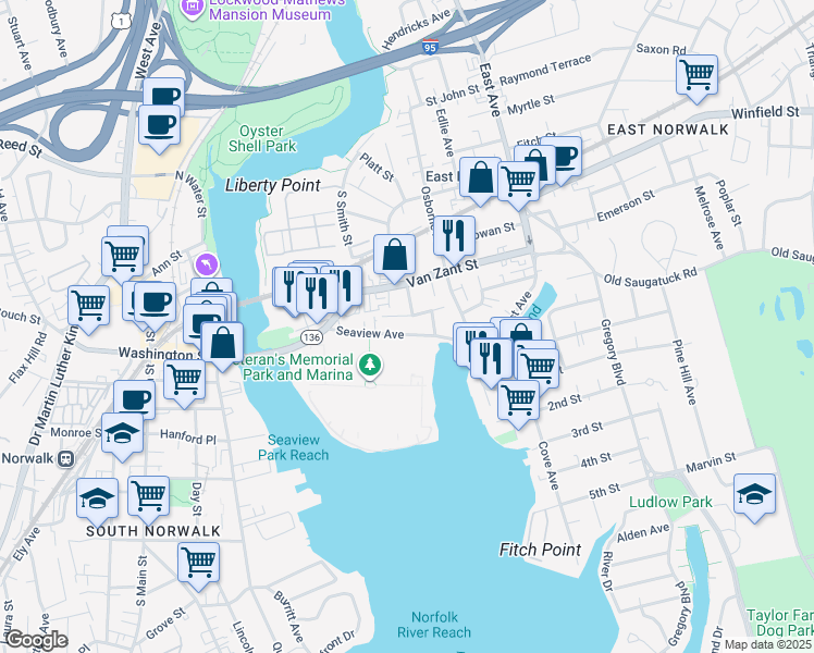map of restaurants, bars, coffee shops, grocery stores, and more near 20 Betts Place in Norwalk