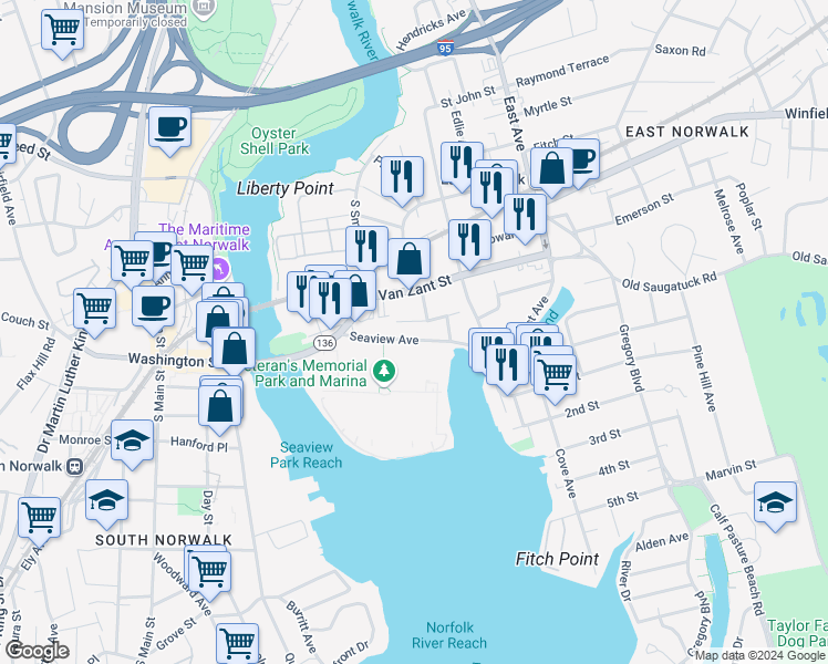 map of restaurants, bars, coffee shops, grocery stores, and more near 20 Betts Place in Norwalk