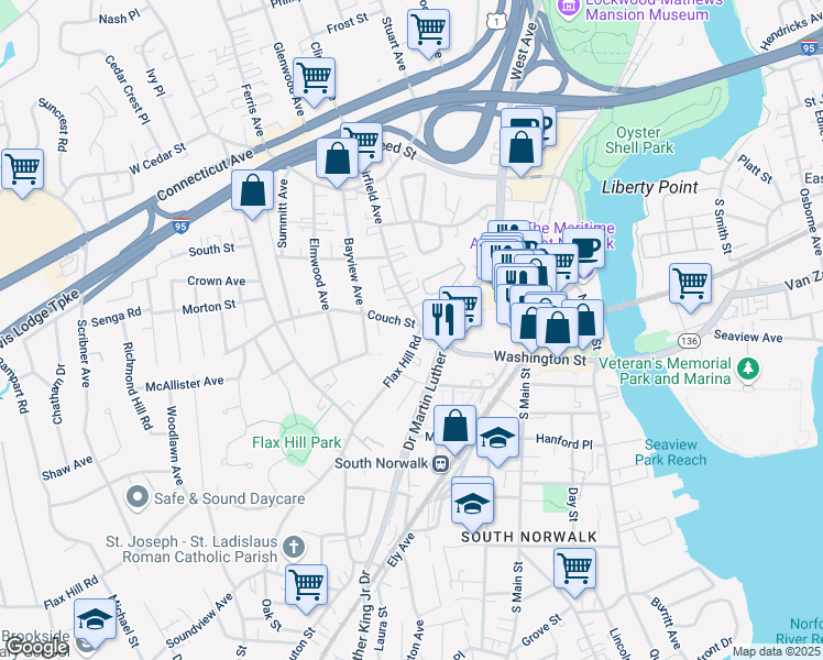 map of restaurants, bars, coffee shops, grocery stores, and more near in Norwalk