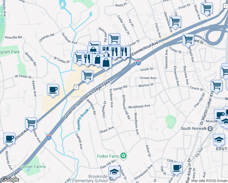 map of restaurants, bars, coffee shops, grocery stores, and more near 6 Senga Road in Norwalk
