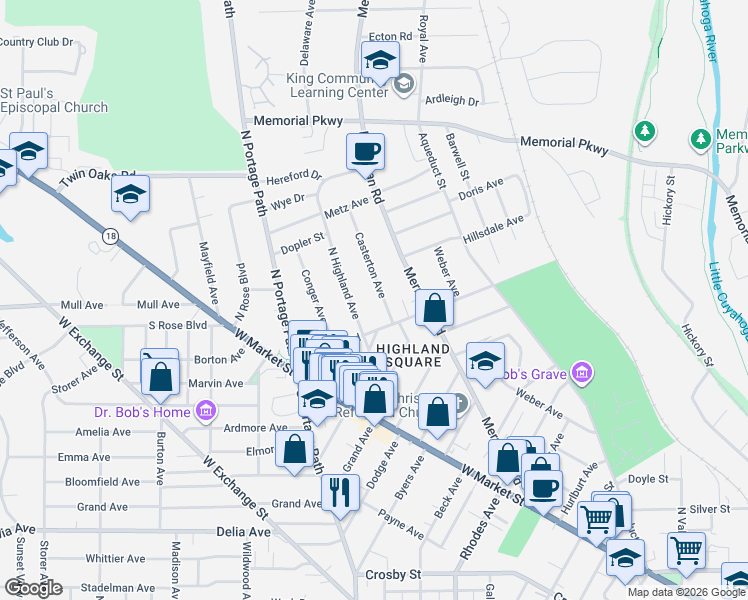 map of restaurants, bars, coffee shops, grocery stores, and more near 163 Casterton Avenue in Akron
