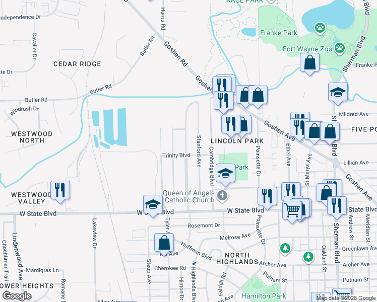 map of restaurants, bars, coffee shops, grocery stores, and more near 2707 North Highlands Boulevard in Fort Wayne