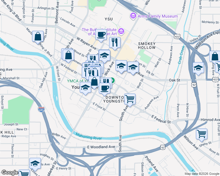 map of restaurants, bars, coffee shops, grocery stores, and more near 47 Federal Plaza East in Youngstown