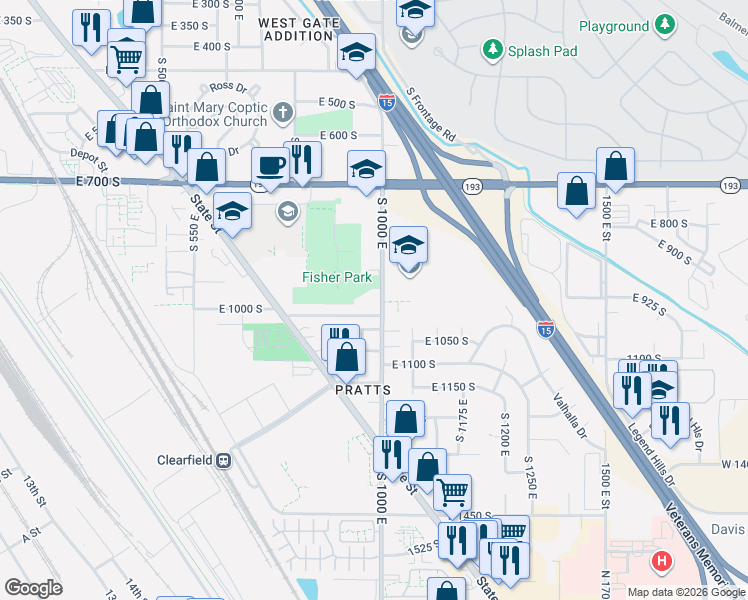 map of restaurants, bars, coffee shops, grocery stores, and more near 962 South 1000 East in Clearfield