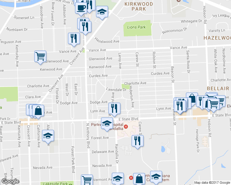 map of restaurants, bars, coffee shops, grocery stores, and more near 2108 Lawndale Drive in Fort Wayne