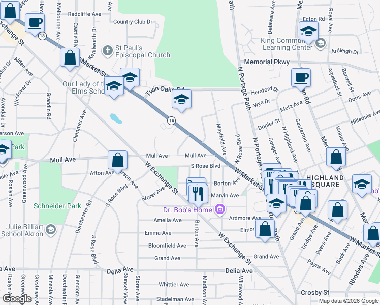 map of restaurants, bars, coffee shops, grocery stores, and more near 59 Mull Avenue in Akron