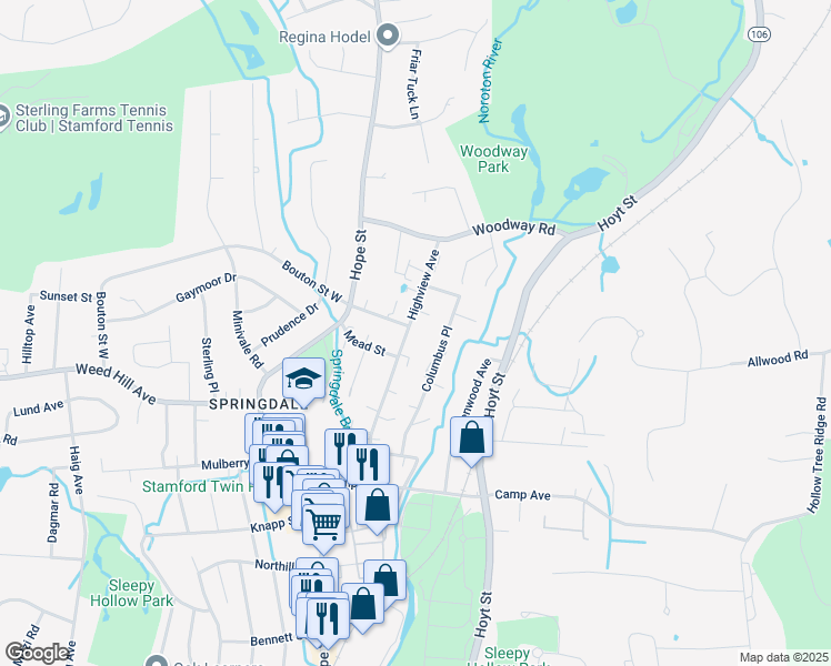 map of restaurants, bars, coffee shops, grocery stores, and more near 135 Highview Avenue in Stamford