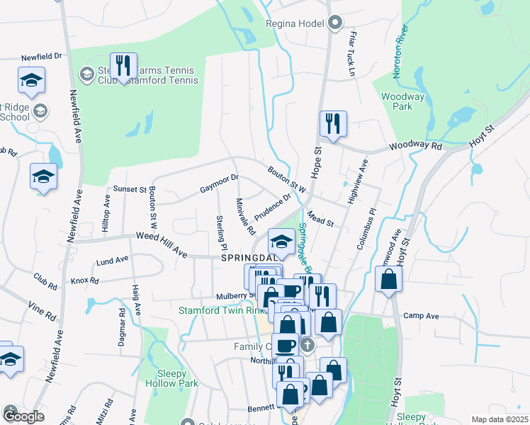 map of restaurants, bars, coffee shops, grocery stores, and more near 30 Prudence Dr in Stamford