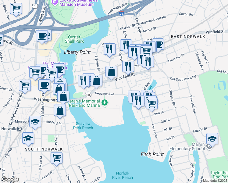 map of restaurants, bars, coffee shops, grocery stores, and more near 20 Betts Place in Norwalk