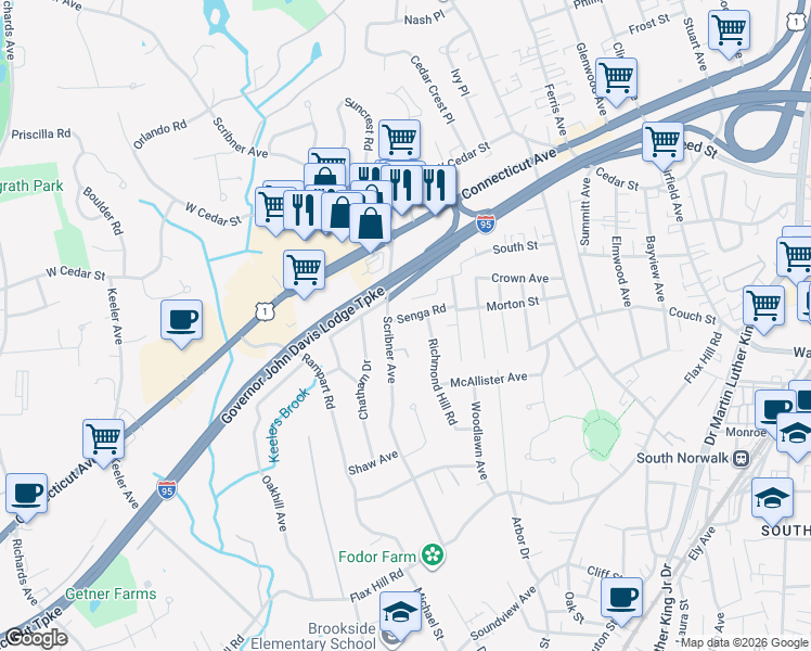 map of restaurants, bars, coffee shops, grocery stores, and more near 6 Senga Road in Norwalk