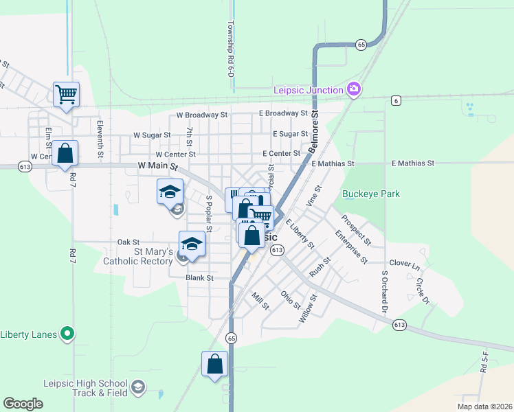 map of restaurants, bars, coffee shops, grocery stores, and more near 115 South Commercial Street in Leipsic