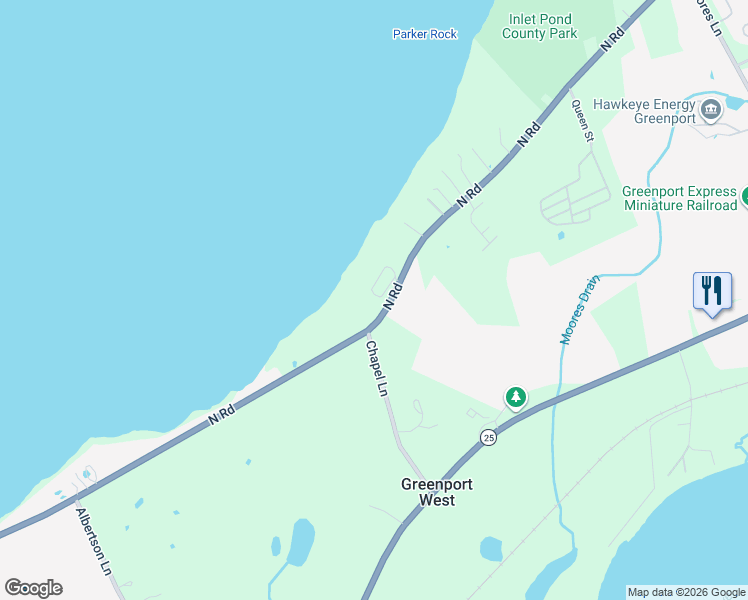 map of restaurants, bars, coffee shops, grocery stores, and more near 61475 North Road in Greenport