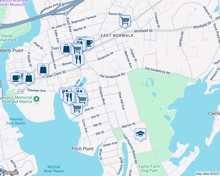 map of restaurants, bars, coffee shops, grocery stores, and more near 16 Lorena Street in Norwalk