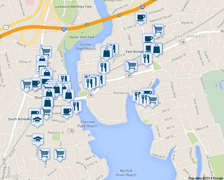 map of restaurants, bars, coffee shops, grocery stores, and more near 25 Seaview Avenue in Norwalk