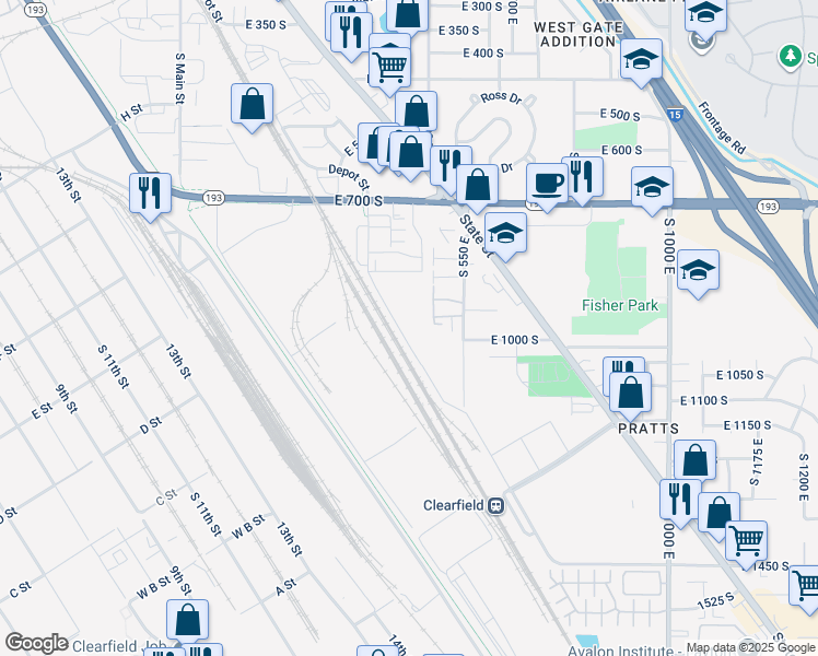 map of restaurants, bars, coffee shops, grocery stores, and more near 875 South Depot Street in Clearfield